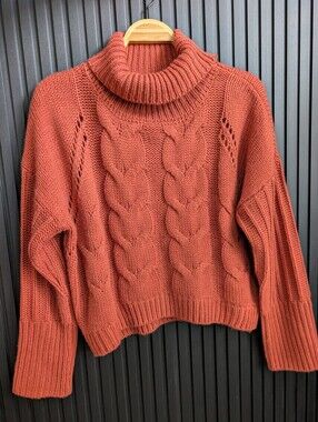 moon & madison Rust Cable Knit Turtleneck Sweater